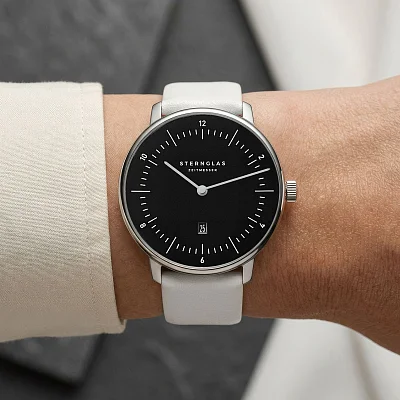 Sternglas Naos XS Quartz Date Black Dial White Leather Strap S01-ND53-KL12