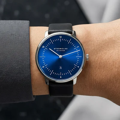 Sternglas Naos XS Quartz Date Blue Dial Black Leather Strap S01-ND58-KL05