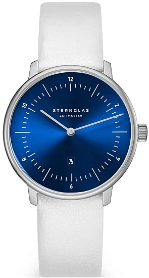Sternglas Naos XS Quartz Date Blue Dial White Leather Strap S01-ND58-KL12