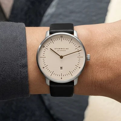 Sternglas Naos XS Quartz Date Sand Dial Black Leather Strap S01-ND54-KL05