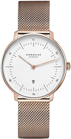 Sternglas Naos XS Quartz Date White Dial Rose Gold PVD Mesh S01-ND51-MI09
