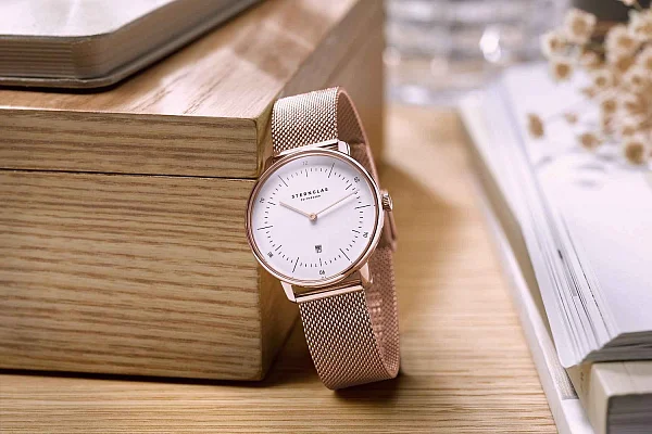 Sternglas Naos XS Quartz Date White Dial Rose Gold PVD Mesh S01-ND51-MI09