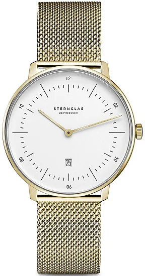 Sternglas Naos XS Quartz Date White Dial Yellow Gold PVD Mesh S01-ND50-MI07