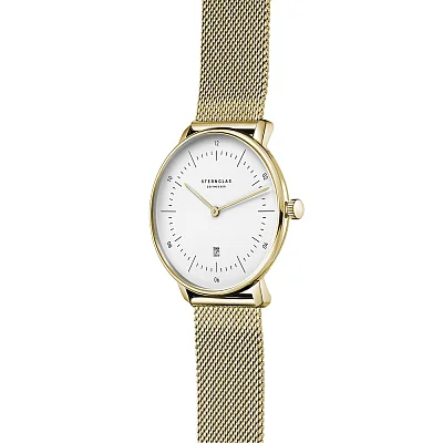 Sternglas Naos XS Quartz Date White Dial Yellow Gold PVD Mesh S01-ND50-MI07
