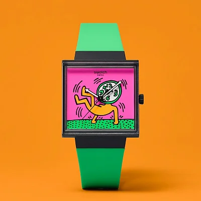 Swatch Square Bioceramic WHAT IF BREAK FREE BREAKS OFF Keith Haring SO34Z102