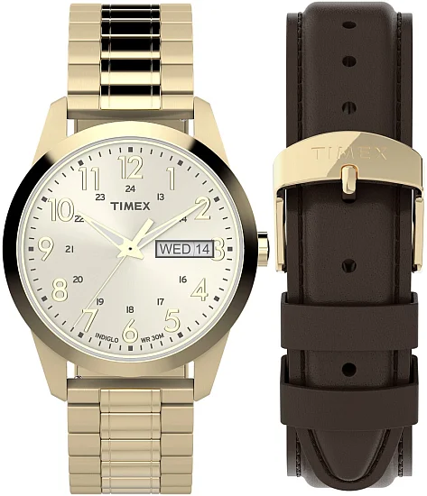 Timex Main Street Classic Day-Date 36mm Expandable Bracelet Leather Strap Set TWG063800