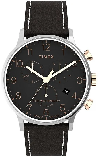 Timex Waterbury Classic Chronograph 40mm Leather Strap Black Dial Indiglo TW2T71500