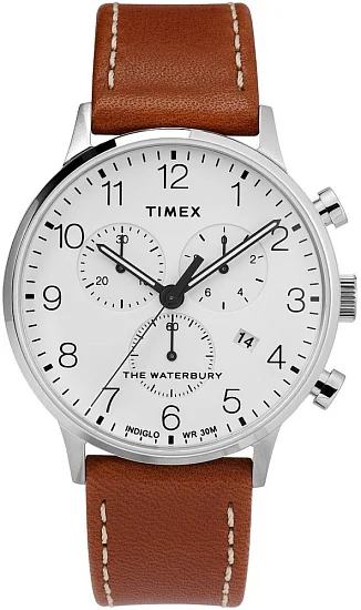 Timex Waterbury Classic Chronograph 40mm Leather Strap White Dial Indiglo TW2T28000