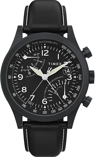 Timex Waterbury Traditional Flyback Chronograph 43mm Black Leather Strap TW2W48000