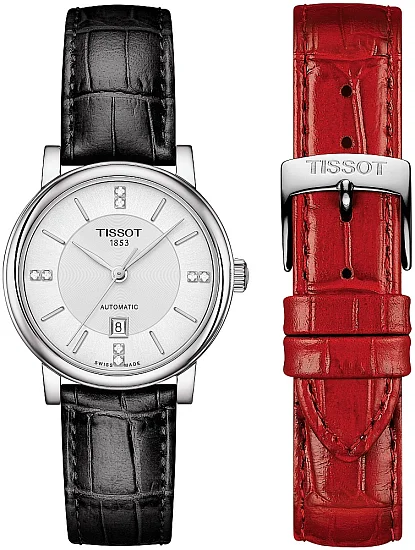 Tissot Carson Lady Automatic Black Strap White Dial Diamonds Straps Set T1222071603601