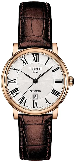 Tissot Carson Lady Automatic Brown Strap White Dial Rose Gold PVD T1222073603300