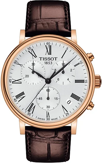 Tissot Carson Quartz Chrono Brown Strap Silver Dial Rose Gold PVD T1224173603300