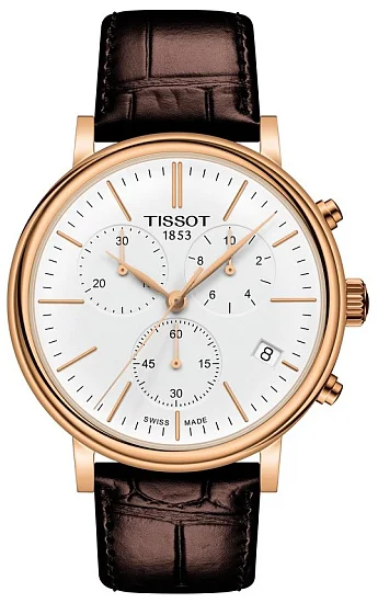 Tissot Carson Quartz Chrono Brown Strap White Dial Rose Gold PVD T1224173601100