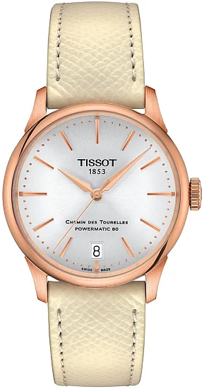 Tissot Chemin des Tourelles Lady Automatic Silver Dial Leather Strap Rose Gold PVD T1392073603100