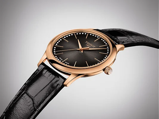Tissot Excellence Lady Rose Gold Black Leather Anthracite Dial Diamonds T926.210.76.291.00