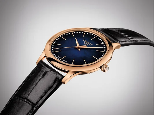 Tissot Excellence Lady Rose Gold Black Leather Blue Dial Diamonds T926.210.76.131.00