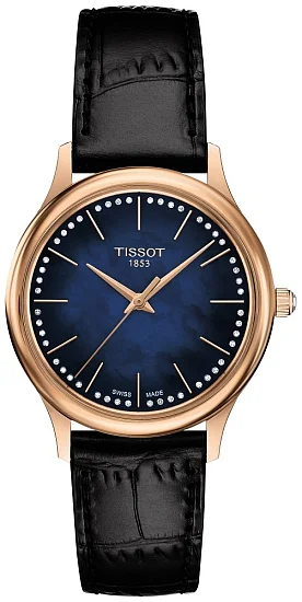 Tissot Excellence Lady Rose Gold Black Leather Blue Dial Diamonds T9262107613100