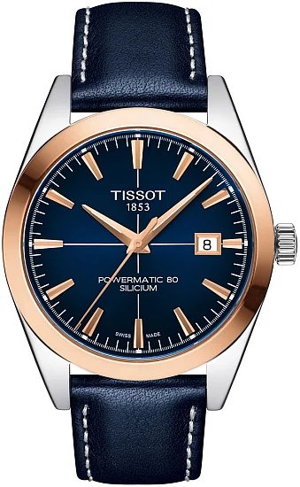 Tissot Gentleman Dark Blue Dial Powermatic 80 18k Gold Bezel T9274074604100