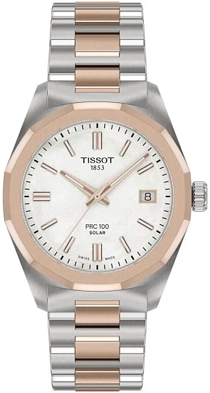 Tissot PRC 100 Lady Solar 34mm Quartz White Dial Rose Gold Bicolor PVD Bracelet T1518222211100