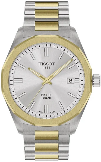 Tissot PRC 100 Solar 39mm Quartz Silver Dial Gold Bicolor PVD Bracelet T1514222203100