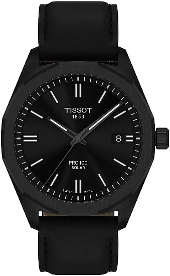 Tissot PRC 100 Solar 39mm Quartz Full Black PVD Black Leather Strap T1514223605100