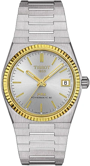 Tissot PRX 35 Powermatic 80 Silver Dial 18k Gold Bezel T9312074103101