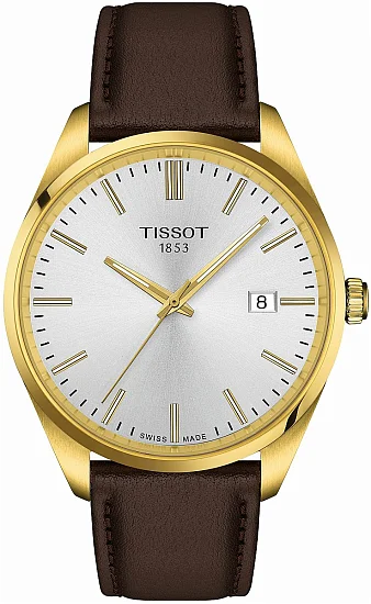 Tissot PR 100 Silver Dial Yellow Gold PVD Brown Leather Strap T1504103639100