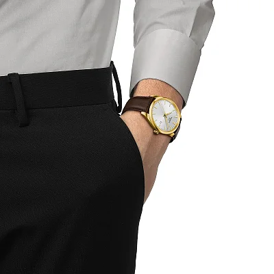 Tissot PR 100 Silver Dial Yellow Gold PVD Brown Leather Strap T150.410.36.391.00