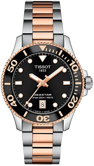 Tissot Seastar 1000 Lady Quartz 40mm Black Dial Bicolor Rose Gold Bracelet T1202102205101