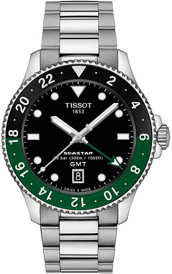 Tissot Seastar 1000 Quartz GMT 40mm Black Dial Green Bezel Steel Bracelet T1208521105100