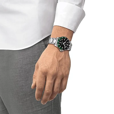 Tissot Seastar 1000 Quartz GMT 40mm Black Dial Green Bezel Steel Bracelet T120.852.11.051.00
