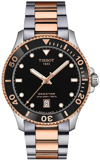 Tissot Seastar 1000 Quartz 40mm Black Dial Bicolor Rose Gold Steel Bracelet T1204102205101