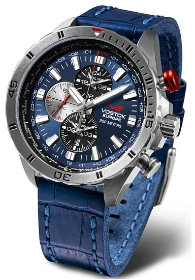 Vostok Europe Almaz Space Station Chrono GMT Blue Leather Strap YM26-320A652