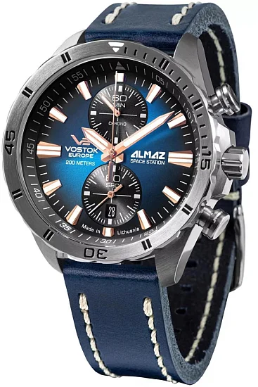 Vostok Europe Almaz Space Station Chrono Quartz Blue Leather Strap 6S11-320A675