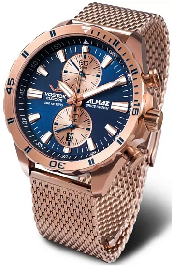 Vostok Europe Almaz Space Station Chrono Quartz Rose Gold PVD Mesh 6S11-320B660B