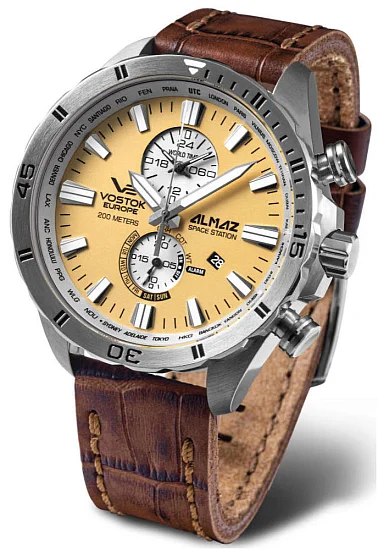 Vostok Europe Almaz Space Station Quartz Chrono Brown Leather Strap YM8J-320A655