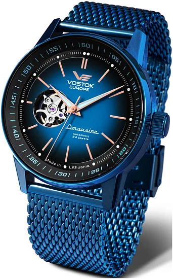 Vostok Europe GAZ-14 Limousine Automatic Open-Heart Date Blue Mesh Bracelet NH38A-560D681B