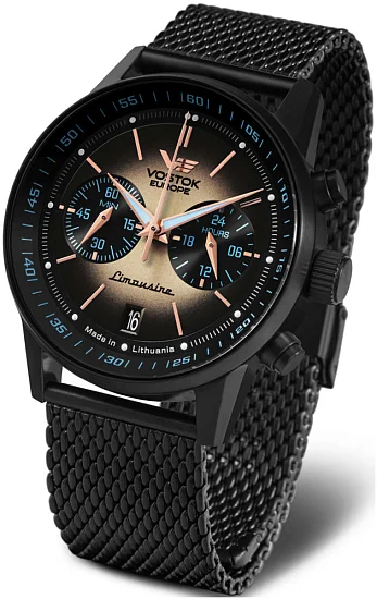 Vostok Europe Gaz-14 Limousine Quartz Chrono Date Black Bracelet Mesh VK64-560C691B