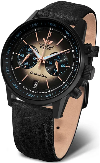 Vostok Europe Gaz-14 Limousine Quartz Chrono Date Black Leather Strap VK64-560C691