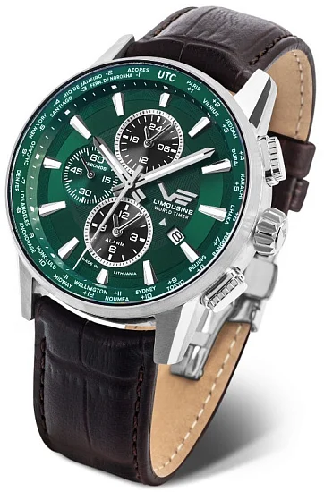 Vostok Europe Limousine 20 Quartz World Timer GMT Alarm Date Leather Strap YM26-561A790