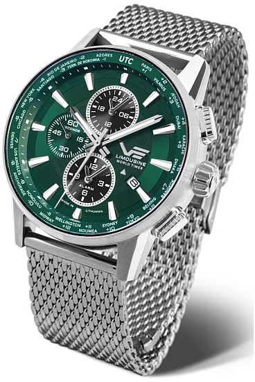 Vostok Europe Limousine 20 Quartz World Timer GMT Alarm Date Mesh YM26-561A790B