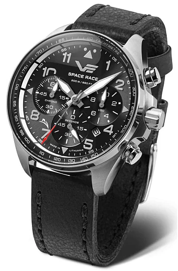 Vostok Europe Space Race Quartz Chrono Date Black Leather Strap 6S20-325A741