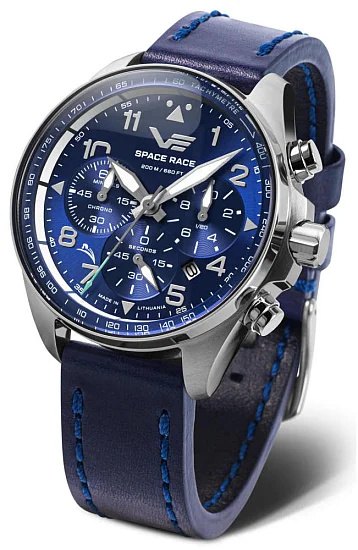 Vostok Europe Space Race Quartz Tachymeter Chrono Date Blue Leather Strap 6S20-325A742