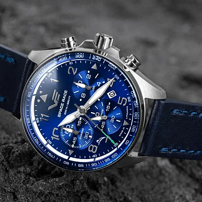 Vostok Europe Space Race Quartz Tachymeter Chrono Date Blue Leather Strap 6S20-325A742