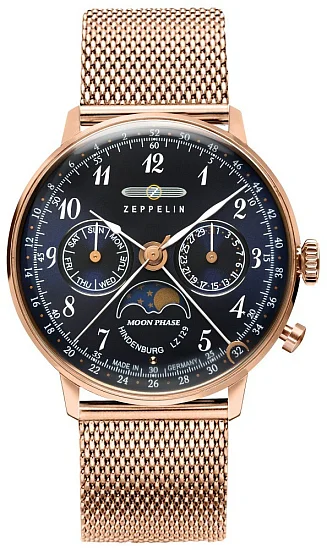 Zeppelin LZ129 Hindenburg Lady Quartz Moonphase Mesh Rose Gold ZE-7039M-3