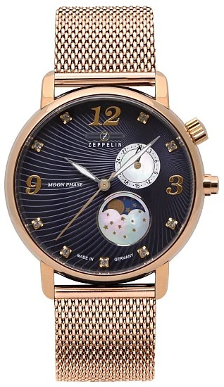 Zeppelin Luna Lady Moonphase Quartz Rose Gold PVD Mesh ZE-7639M-3