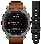 Garmin Fenix 7 Pro 47mm Sapphire Solar Titanium Bezel, Chestnut Leather & Grey Silicone Straps Set HR GPS 010-02777-30
